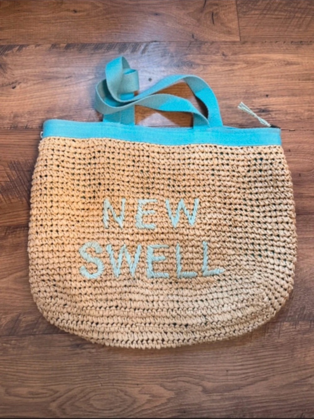 Roxy Straw Tote in Natural with Aqua Trim